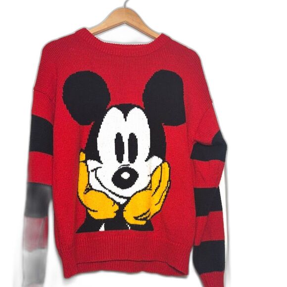 Disney Sweater VTG Unisex Size L/XL Red Black Mickey & co Striped Knit Pullover - Picture 1 of 3